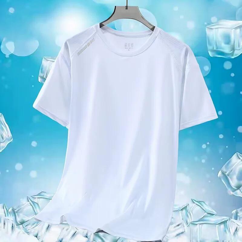 Camiseta masculina de verão com gola redonda, plus size, seda gelada, esportes ao ar livre e lazer, secagem rápida, manga curta, cor sólida