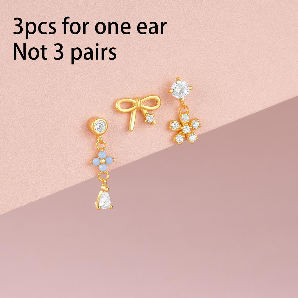 3PCS Stainless Steel Blue Opal Stone Flower Bowknot Petal Piercing Earrings Set For Women Statement Earring Party Jewelry aretes