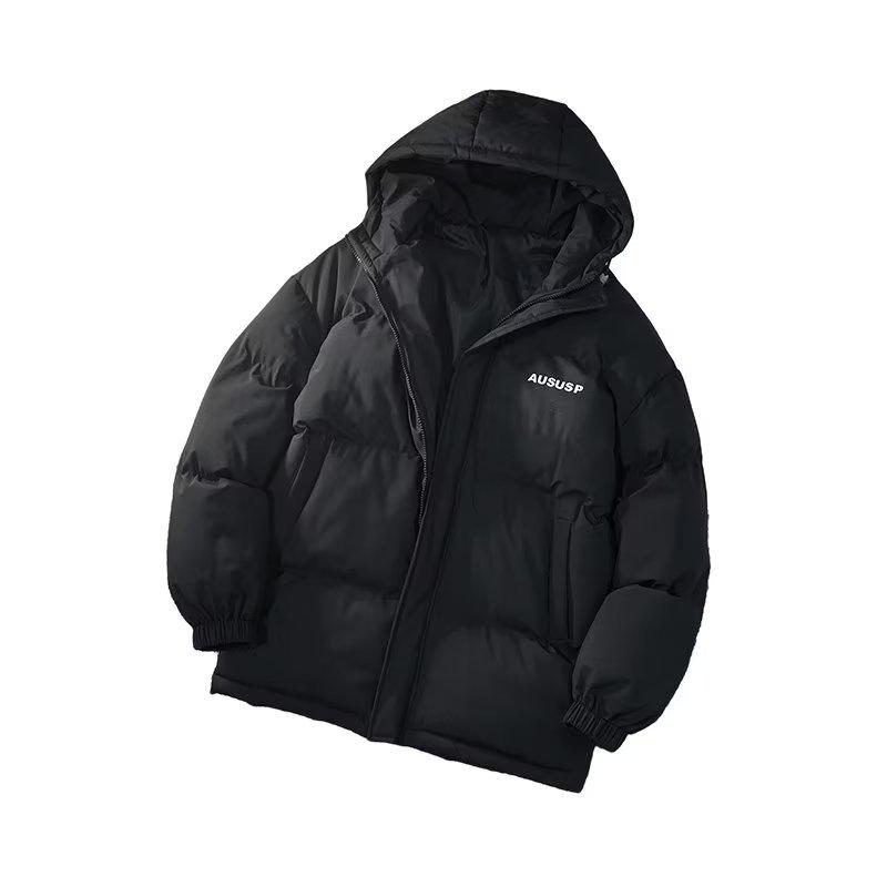 Hong Kong Style Men’s Thick Winter Stand Collar Jacket – Loose Fit, Solid Color, Printed Trendy Design