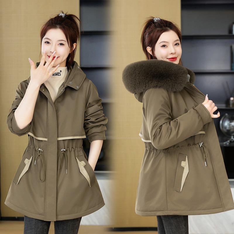 

Новая зимняя теплая съемный меховой воротник хлопковая одежда универсальная хлопковая одежда женская одежда три пальто XL кофейный
