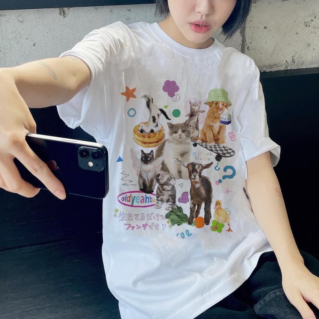 Cute Milk Cat Graphic TShirts for Women Oversized Retro Harajuku Fashion Streetwear Tee Shirt Y2k Aesthetic Female Tees Tops
