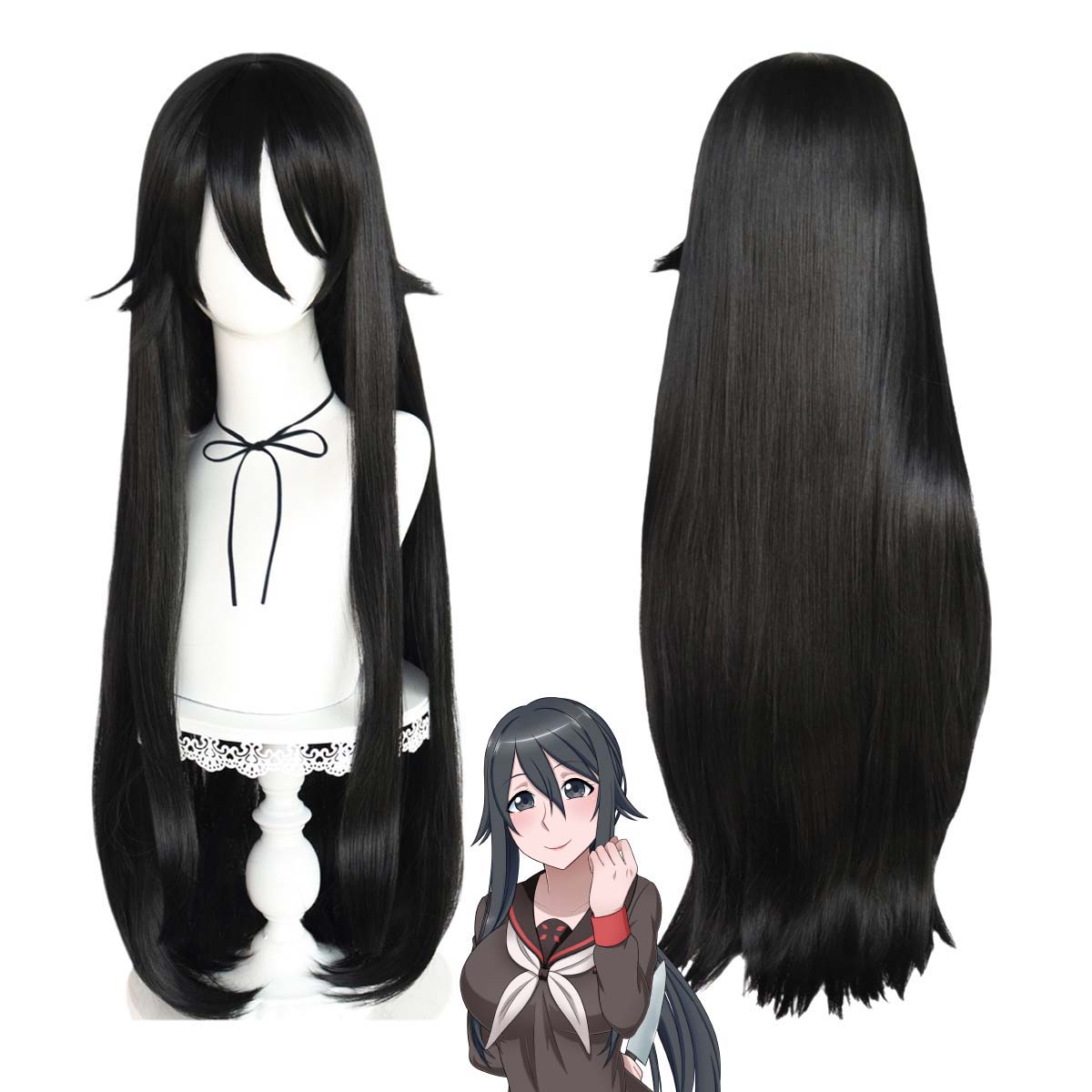 Zwarte Steile Lange Paardenstaart Pruik (Vrouwen) Halloween-feestspel: “Yandere Simulator” Aishi Ayano Cosplay