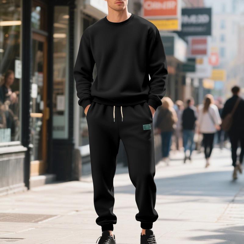 Herren-Sweatshirt und Hosen-Set im amerikanischen Stil für Herbst/Winter, locker geschnitten, thermisch gefüttert mit Fleece, minimalistisch, lässig, mit Rundhalsausschnitt