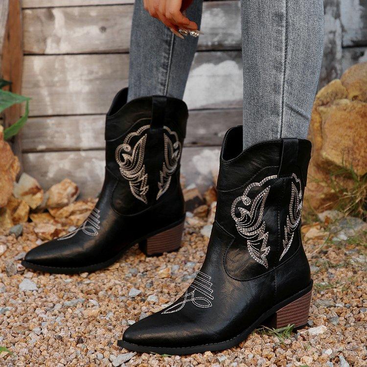 Western Boots Women's  Shoes Autumn Winter Fashion Pointed Toe Embroidered Style Square Heel Mid-Calf Knight Boots Plus Size 43