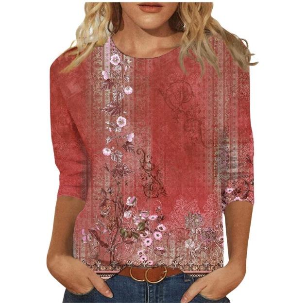 2026 Spring/Summer New Women's Fashion Printed Three-Quarter Sleeve Loose Round Neck Casual T-Shirt Top