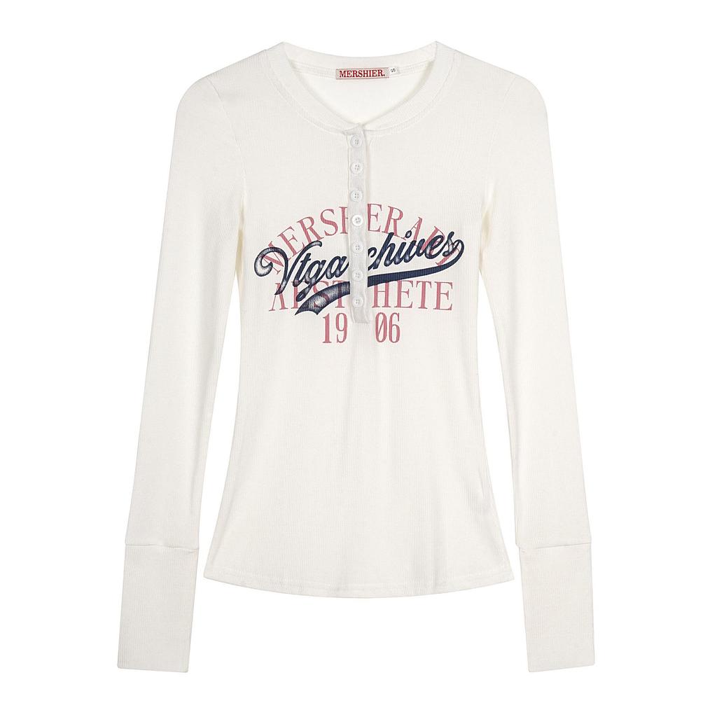 Haut slim à manches longues Henley avec imprimé lettres américaines pour femme