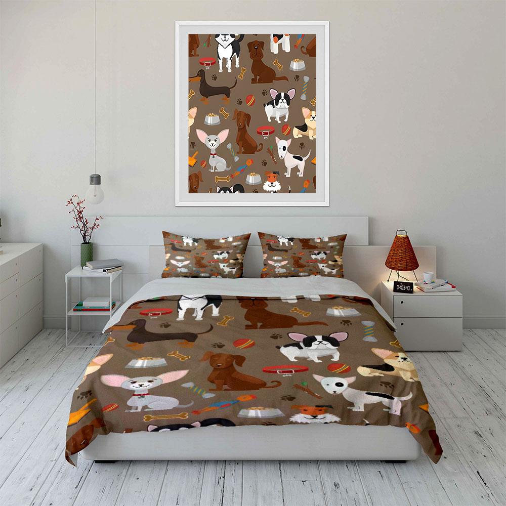 3Pcs Cute Dog Bedding Set, All-Over Cartoon Puppies Pattern Print Duvet Cover + 2 Pillowcases, Pet Lover Decor
