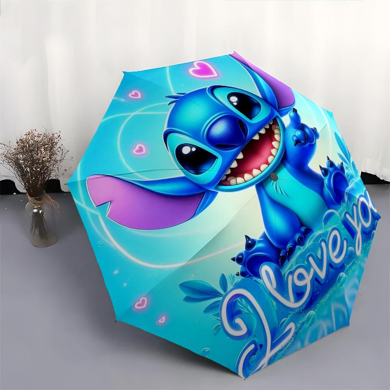 Stitch,Love Automatic Folding Umbrella Simple 8 Rib Design, Bright Cartoon Pattern, Durable Iron Frame, Suitable For Travel, Outdoor, Beac
