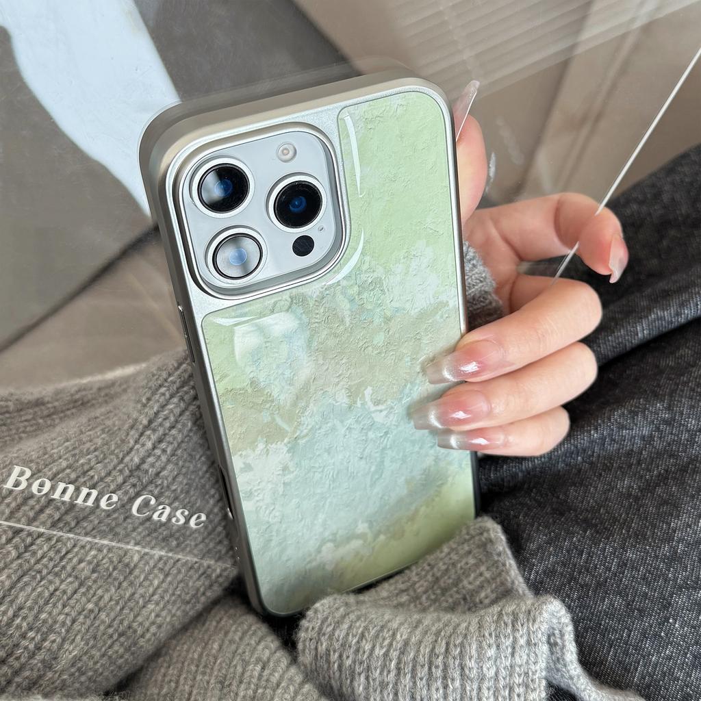 Spring Fresh Green Mixed Oil Painting Texture Smudge Sliver Edge Protective Case for iPhone 11 12 13 14 15 16 17 Pro Max Plus XR