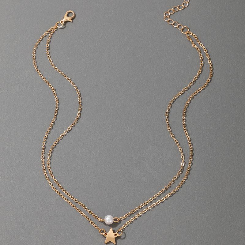 Korean version of fashion pearl five-pointed star necklace femininity Japanese and Korean star collarbone chain design sense new necklace