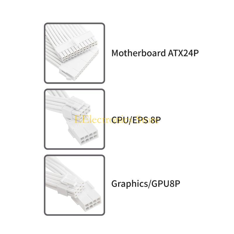 B03C PC 18AWG Power Extension Cable Set, SoftBraiding, 1x24Pin, 1x8Pin CPU, 2x8Pin PCIe with Combs for Easy Management, 30cm