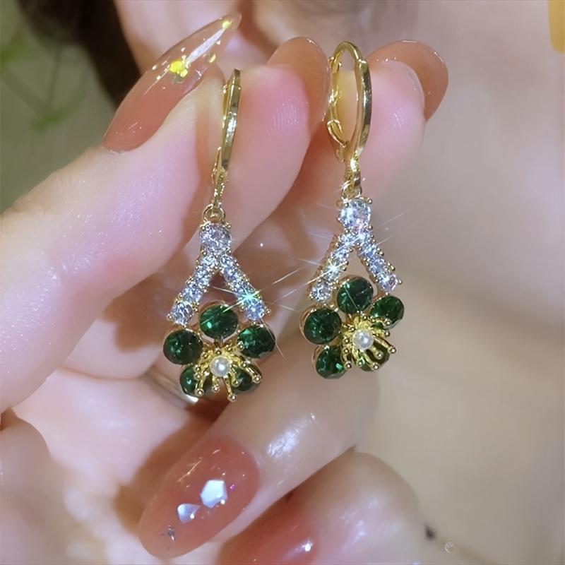 Elegant Green Cubic Zirconia Flower Dangle Earrings, Fashion Alloy Jewelry for Women, Synthetic Zirconia, No Plating, Perfect for Parties & Gifts