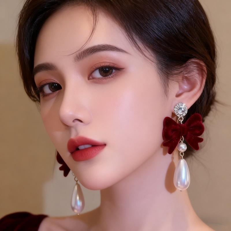Retro Red Flocked Bow Pearl Earrings with Full Diamond Shine - Elegant New Year Fashion