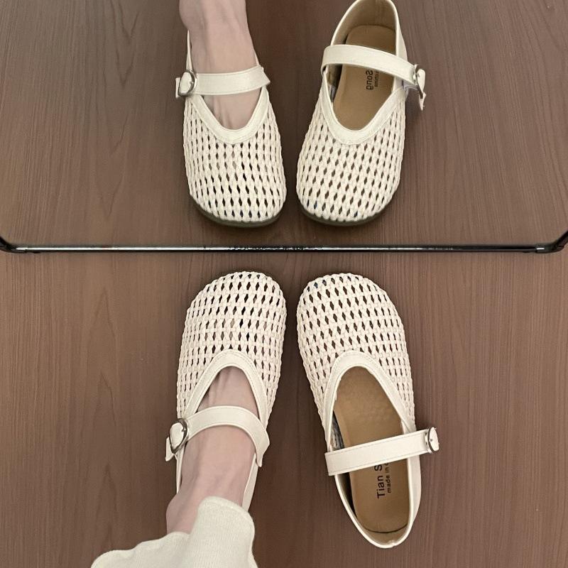 Mary Jane Fisherman Shallow Mouth Single Shoes Women's New Flat Bottom Mesh Hollow Woven Sandals Hole Small Leather Shoes