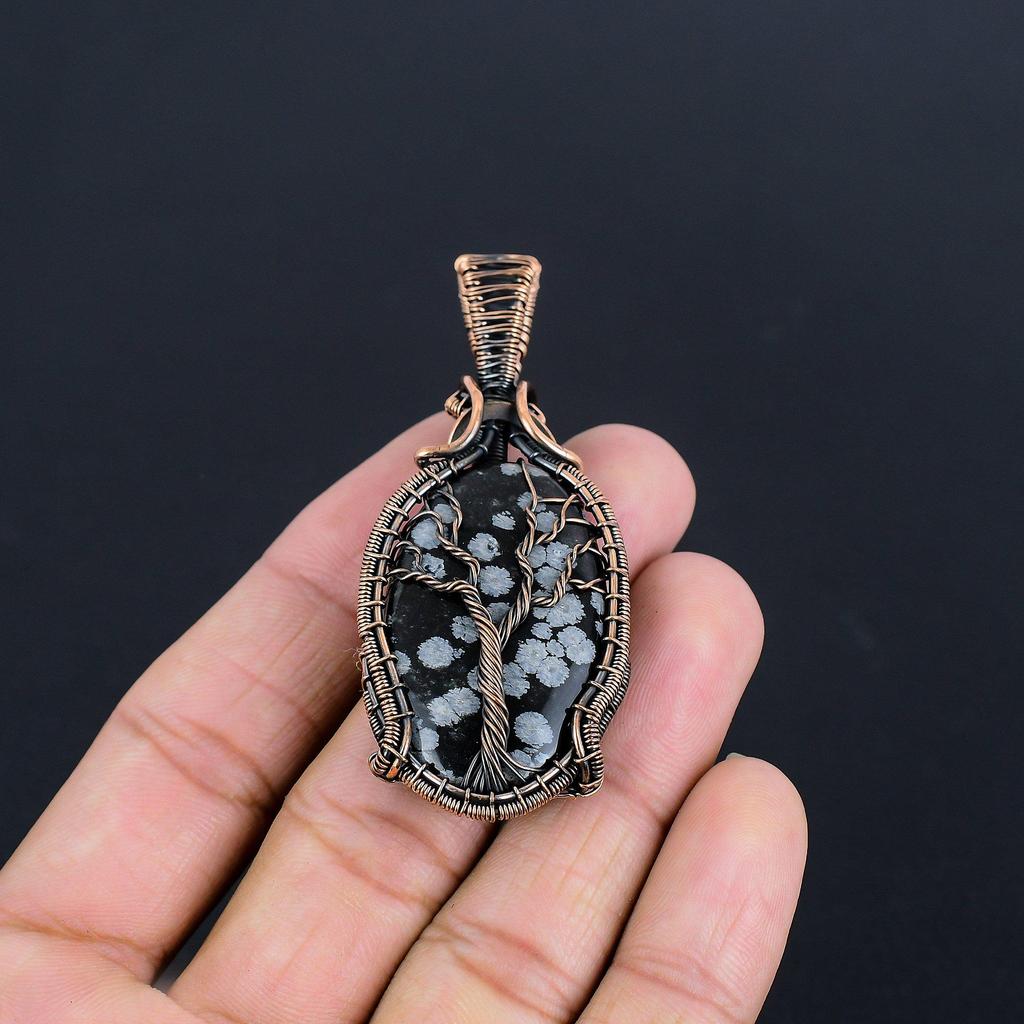 Tree Of Life Snowflake Obsidian Pendant, 925 Solid Sterling Silver Gemstone Handmade Dainty Jewelry Pendant, For Her