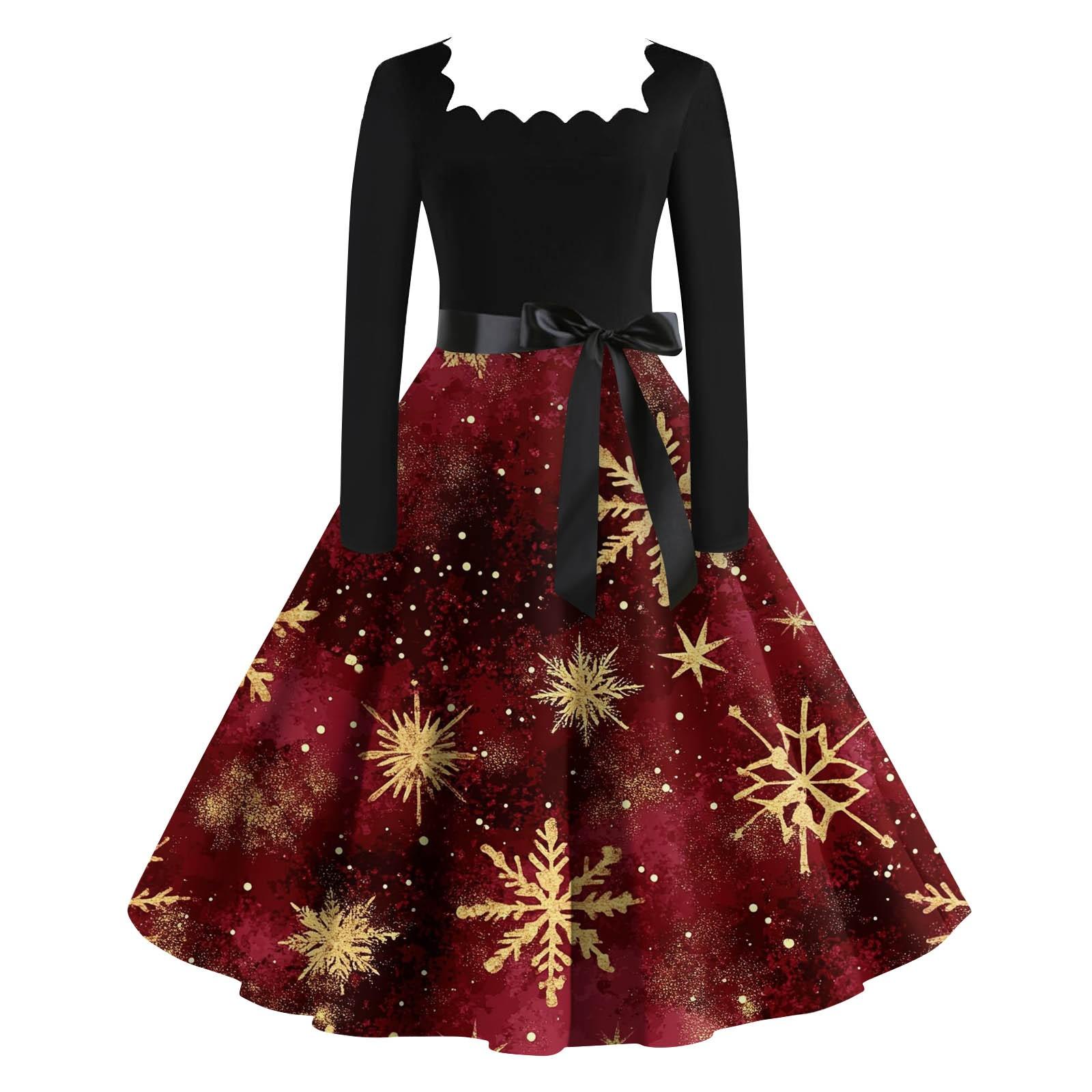 

Жіночі повсякденні модні вінтажні довгі сукні з різдвяними графічними принтами з довгими рукавами XXXXXL