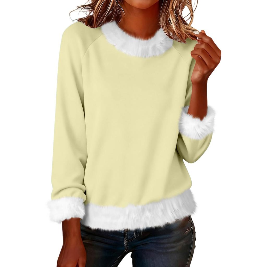 Women's Fashionable Solid Color Plush Round Neck Long Sleeved Casual Pullover T-shirt Top
