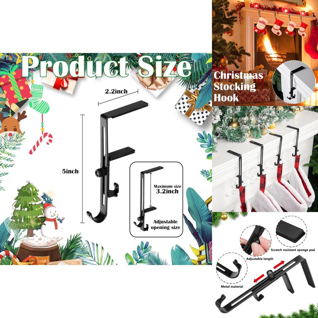 Weihnachtsstrumpfhalter mit verstellbaren rutschfesten Metallhaken für Kamin-Dekoration