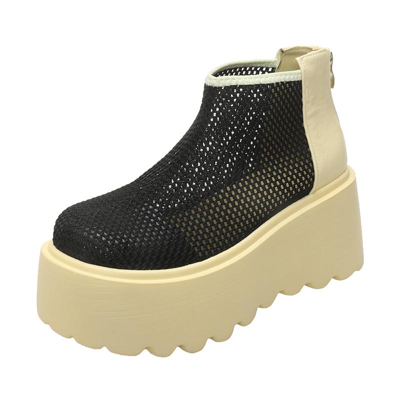 Mote Høye Hæler Kule Støvletter Sommer Ny Rund Tå Mesh Stoff Pustende Bakglidelås Vanntett Plattform Sklisikre Kilehæler