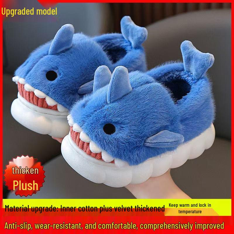 Children's Cartoon Shark Cotton Slippers - Non-Slip, Thick-Soled, Warm, Indoor Shoes for Boys