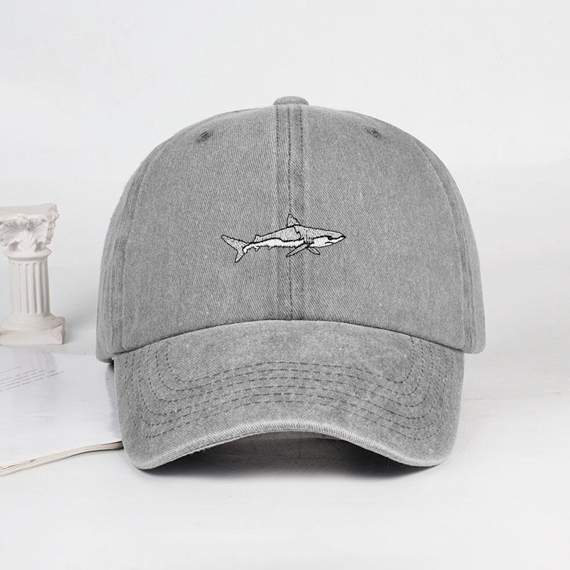 

MLFO Shark Embroidered PreWashed Baseball Cap Summer WideBrim Cap Spring Casual Cap Outdoor Sun Hat Fishing Cap