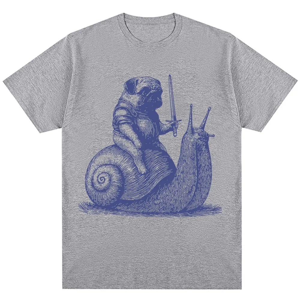 Funny Medieval Pug Knight Riding Snail Meme Graphic TShirt  Unisex 90s Vintage Trendy Oversized 100 Cotton Casual Tshirts