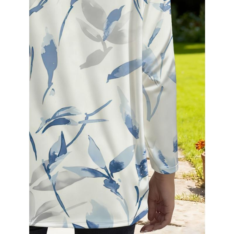 Women's Plus Size Elegant Blue Leaf Print Loose Long Sleeve Top with Pockets
