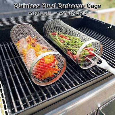 Rolling BBQ Grilling Basket Stainless Steel Non-Stick Portable Outdoor Camping Grill Rack for Vegetables Meat Fish Fries