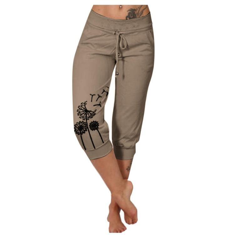 Women High Waist Casual Printed Yoga Pants Drawstring Seventh Pants Qunide