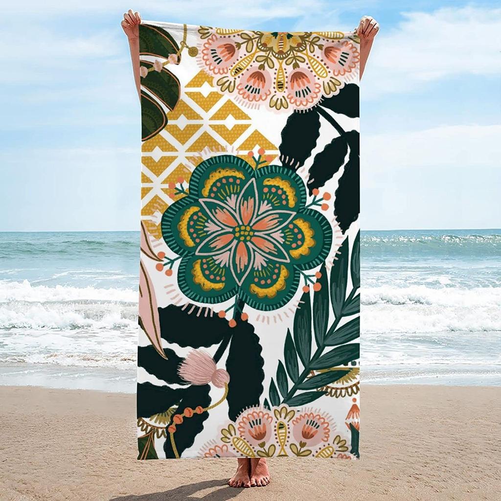 Vintage Mixed Geometry Floral Leaf Pattern Large Absorbent Pool Towel for Outdoor Beach Camping and Home Bath