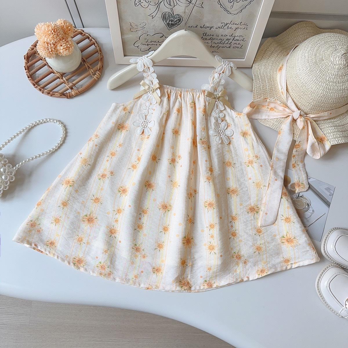 Summer Girls Floral Print Spaghetti Strap Dress Sweet Princess Children Sundress 90cm
