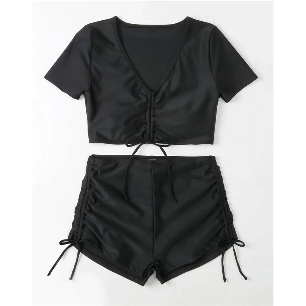 

Lace Up Short Sleeve High Waist Bikini Female Swimsuit Women Swimwear Two-pieces Bikini Set Bather Bathing Suit S чёрный