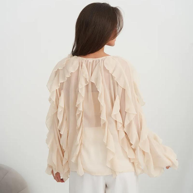 Chiffon Ruffled V-Neck Shirts Top Women Blouse Tee 2026 Summer Sheer Lace-Up High Waist Blouse Elegant Female Shirts Tops