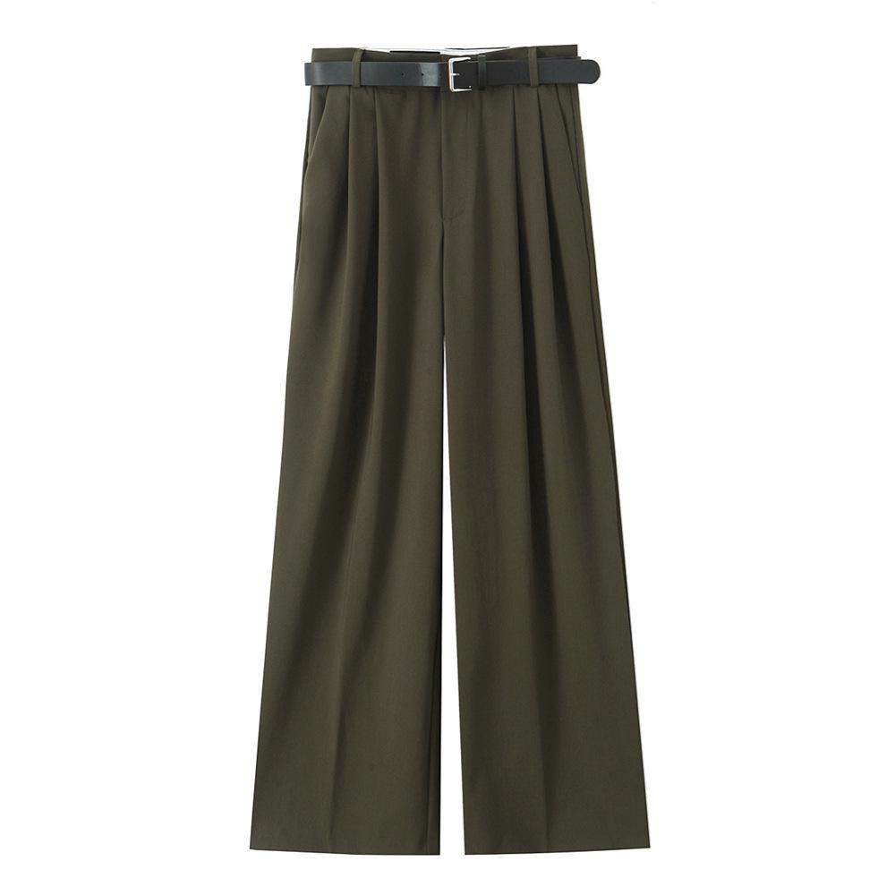 

2025 Весенние женские брюки с плиссировкой приталенного кроя с поясом - Универсальные и простые Large армия зеленый