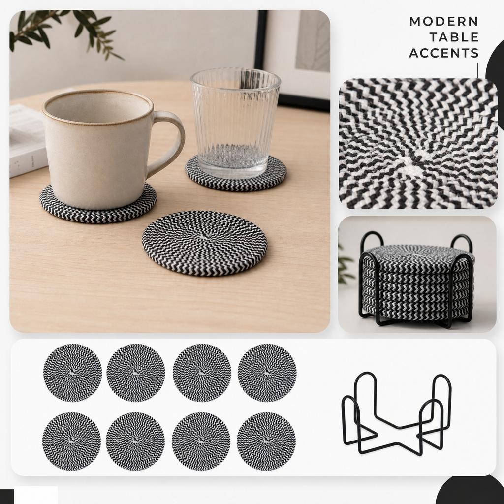 8pc Set Round Braided Coasters for Table Protection Durable Woven Material Heat Resistant Drink Mats Suitable for Home Office Use