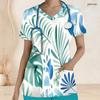 Women Plus Size V Neck Short Sleeve Tropical Leaf Print Scrub Top With Front Pockets