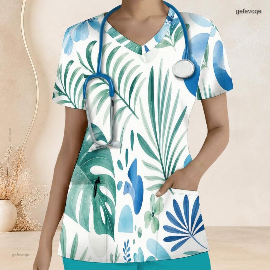 Women Plus Size V Neck Short Sleeve Tropical Leaf Print Scrub Top With Front Pockets