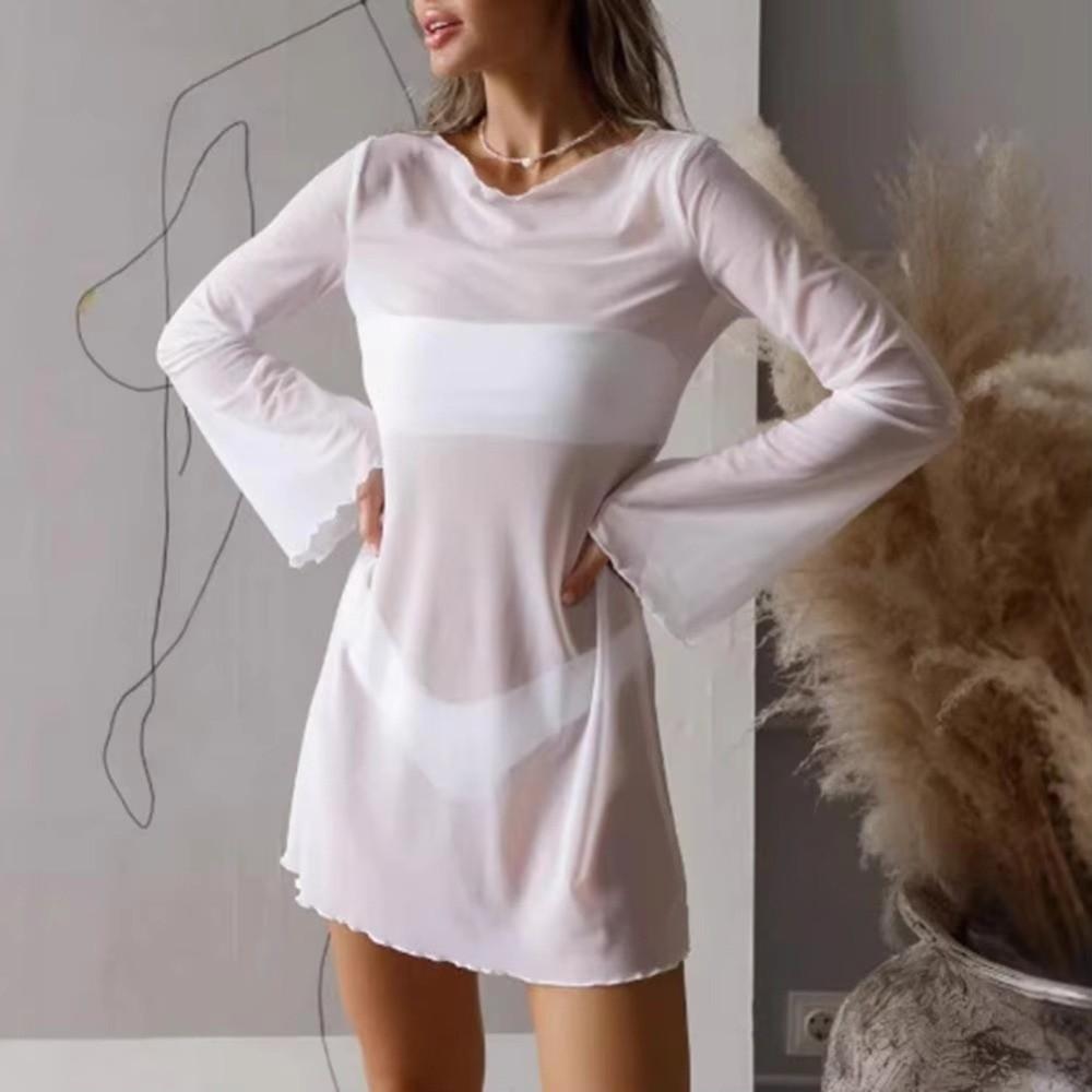 Round Neck Swimsuit Cover Up Long Bell Sleeves Beach Bodycon Dress Summer Bikini Cover Up XXL белый