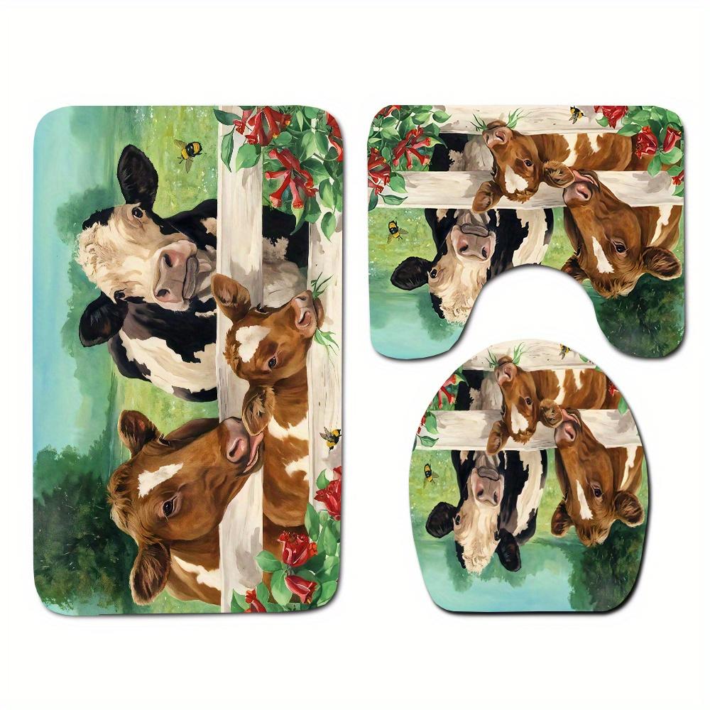 3pcs Farm Animal Cow Bathroom Rug Set Non-Slip U-Shaped Mat and Toilet Lid Cover Pastoral Theme Washable Indoor Floor Mats