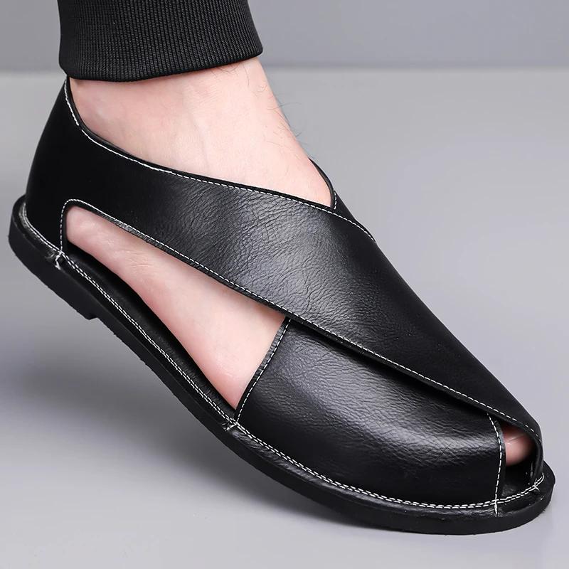 Men Flat Bottom Casual Leather Sandals Summer New British Style  Soft Bottom Anti-Slip Business Shoes Breathable Roman Sandals