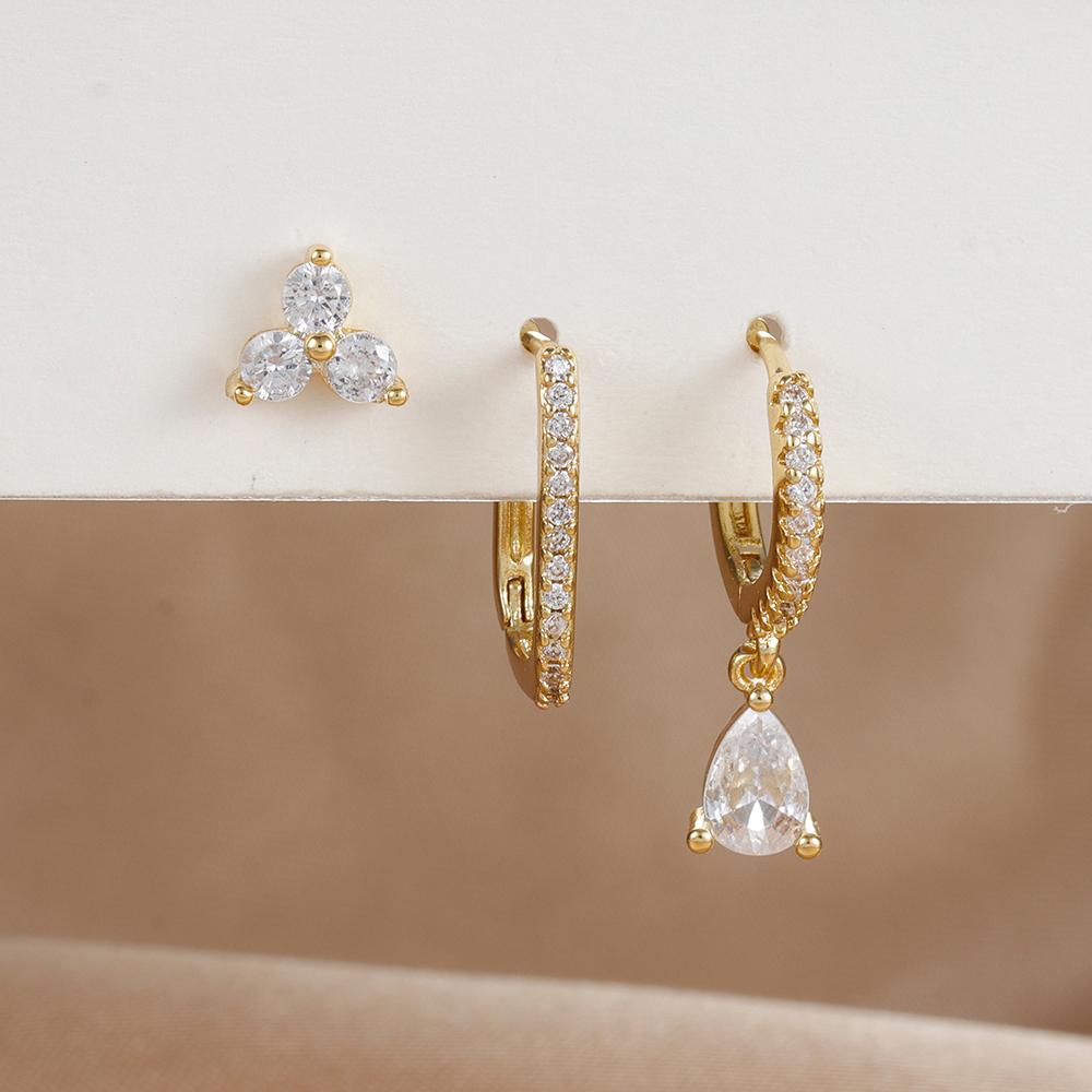 3PCS/Set Fashion Waterdrop Shape Zircon Hoop Earrings For Women Delicate Triangle Shaped Flower Stud Earrings Piercing Jewelry
