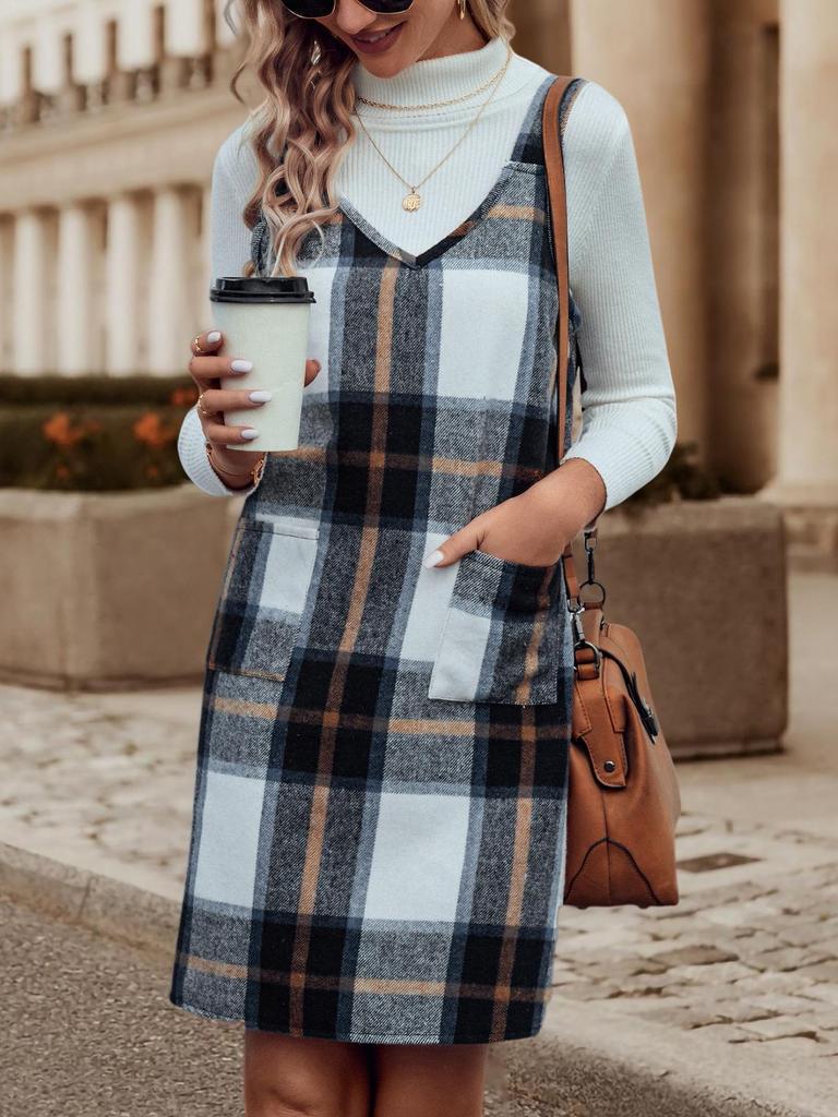 Chic Women's Plaid Suspender Skirt with Pockets – Casual Fashion for Spring and Autumn