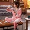 Autumn and winter women's golden velvet pajamas long-sleeved Korean version thin pullover lace coral velvet loungewear set large size