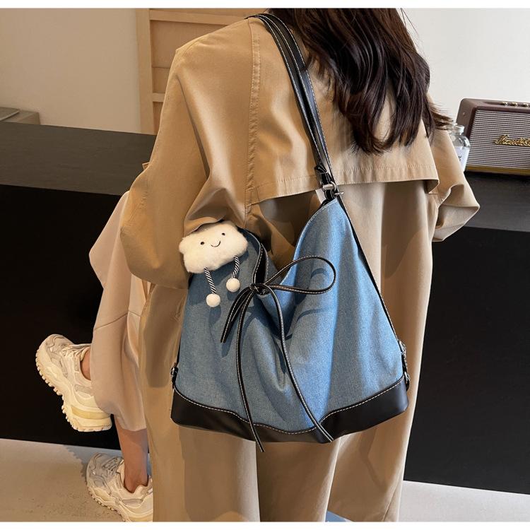 

Корейская холщовая сумка большой вместимости женская 2025 новая модная сумка-тоут в стиле колледжа повседневная на плечо сумка-ведро синий