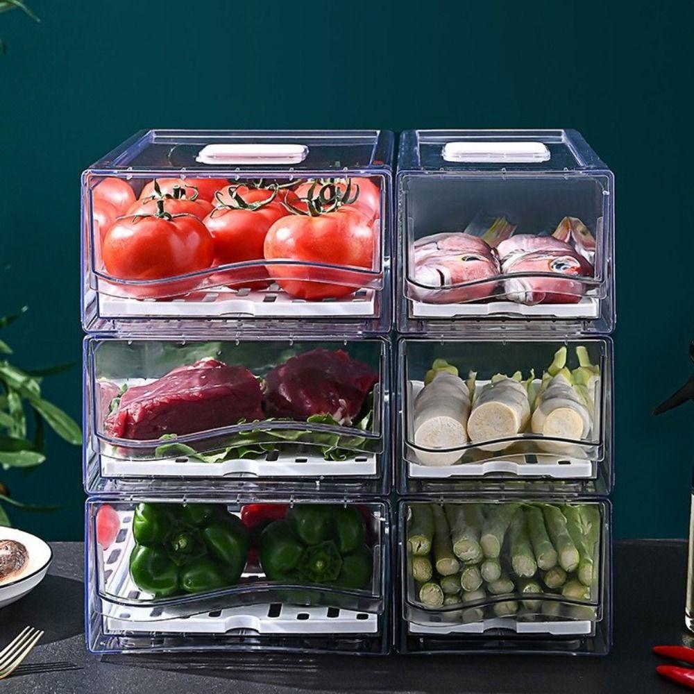 Plastic Drawer-type Fresh-keeping Box Large Capacity Stackable Refrigerator Storage Box with Drain Tray Transparent