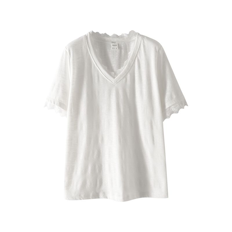 Plus size women clothing [Romance and Softness] Lace Stitching V-neck Jacquard T-shirt Summer Chubby Girl Loose Short sleeve Top