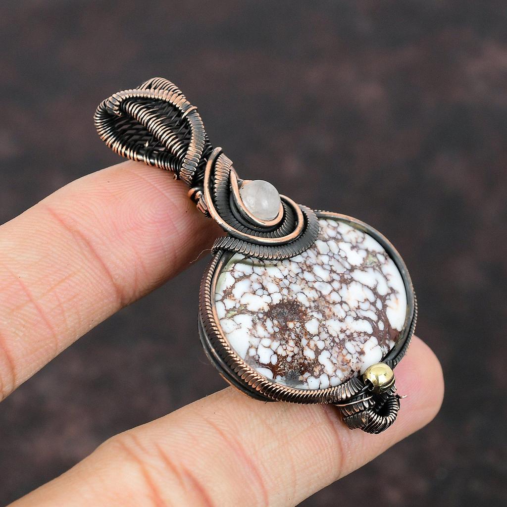 Wild Horse Magnesite Pendant Rainbow Moonstone Pendant Copper Wire Wrapped Jewelry Handmade Gemstone Pendant Gift For Her Designer Pendant