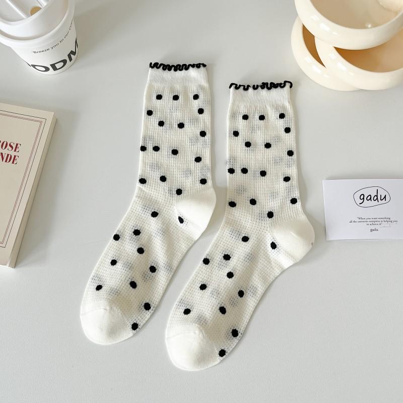 Summer Thin Mesh Hollow Women S Socks Dopamine Girls Medium Cotton Socks Fungus Edge Polka Dot Love Socks One size