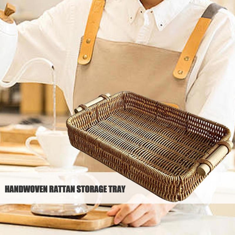 Handgeflochtener Rattan-Aufbewahrungskorb Quadratisches Weiden-Tablett Picknickkorb Brotkorb Lebensmittelteller Obstkuchen Allerlei-Box Heim Schreibtisch Dekoration