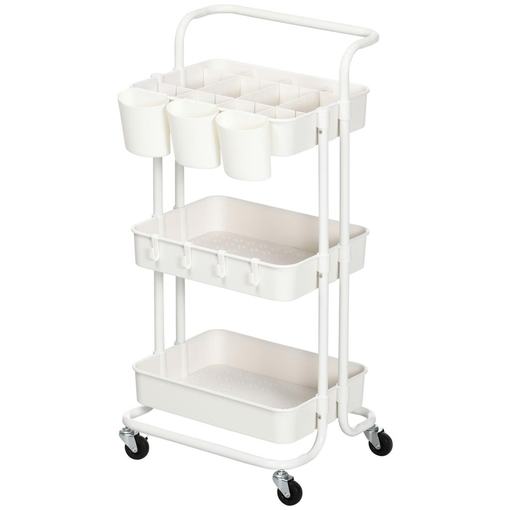 Three Tier Home Trolley With Handle And Wheels White